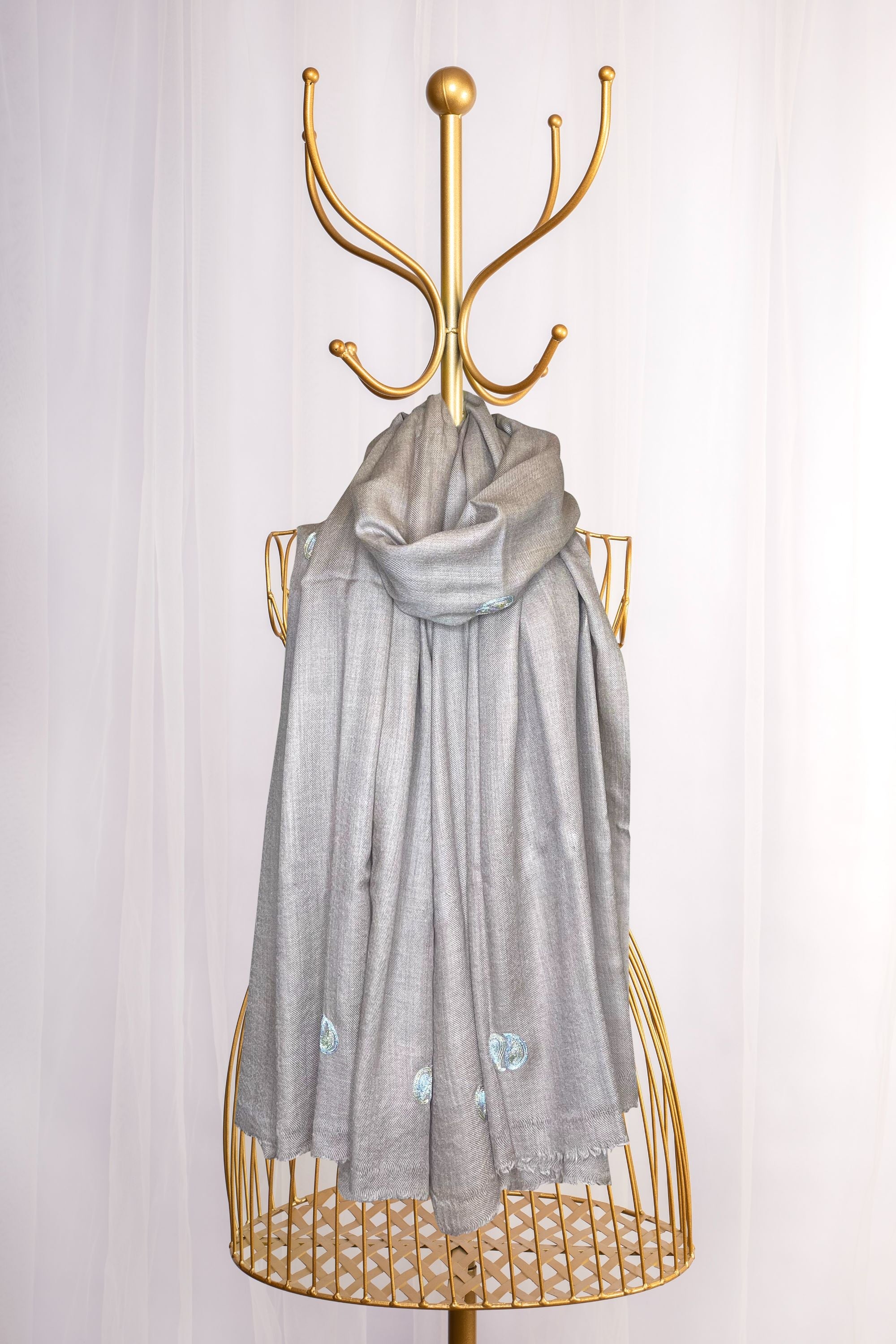 Grey Pure Pashmina Embroidered Scarf - Ambi & Kaeri (Love Jammu & Kashmir)