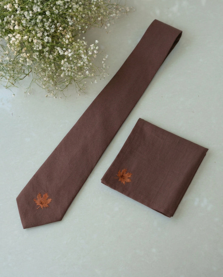 Brown Hand-painted Cotton Pashmina Tie & Pocket Square Set