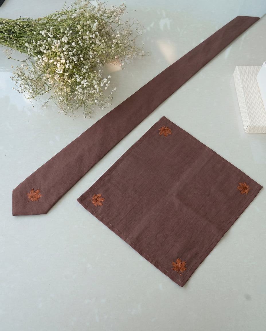 Brown Hand-painted Cotton Pashmina Tie & Pocket Square Set