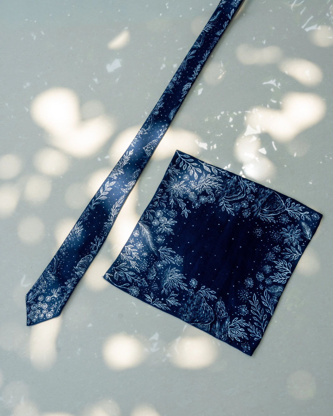 Navy Blue Handpainted Pure Pashmina Tie & Pocket Square Set