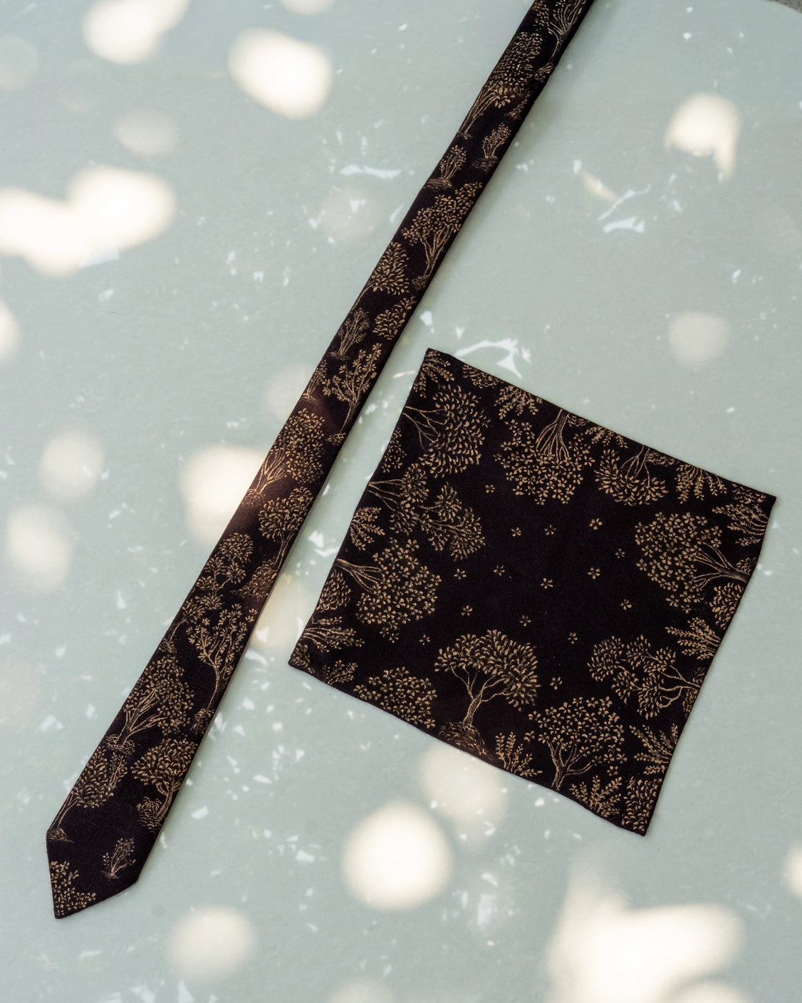 Brown Pure Pashmina Handpainted Tie & Pocket Square Set