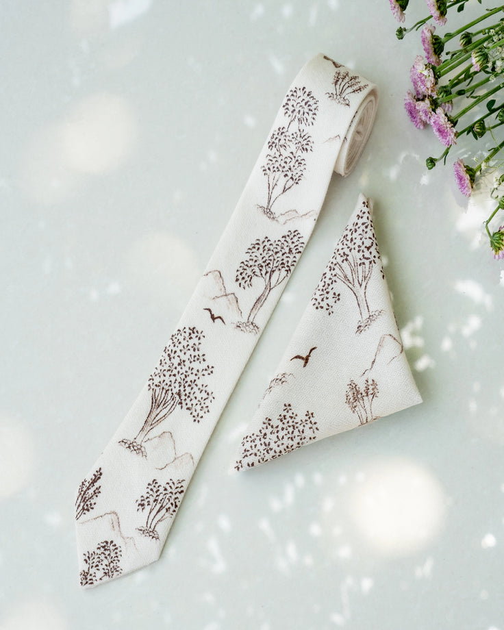 Off-White Pure Pashmina Handpainted Tie & Pocket Square Set