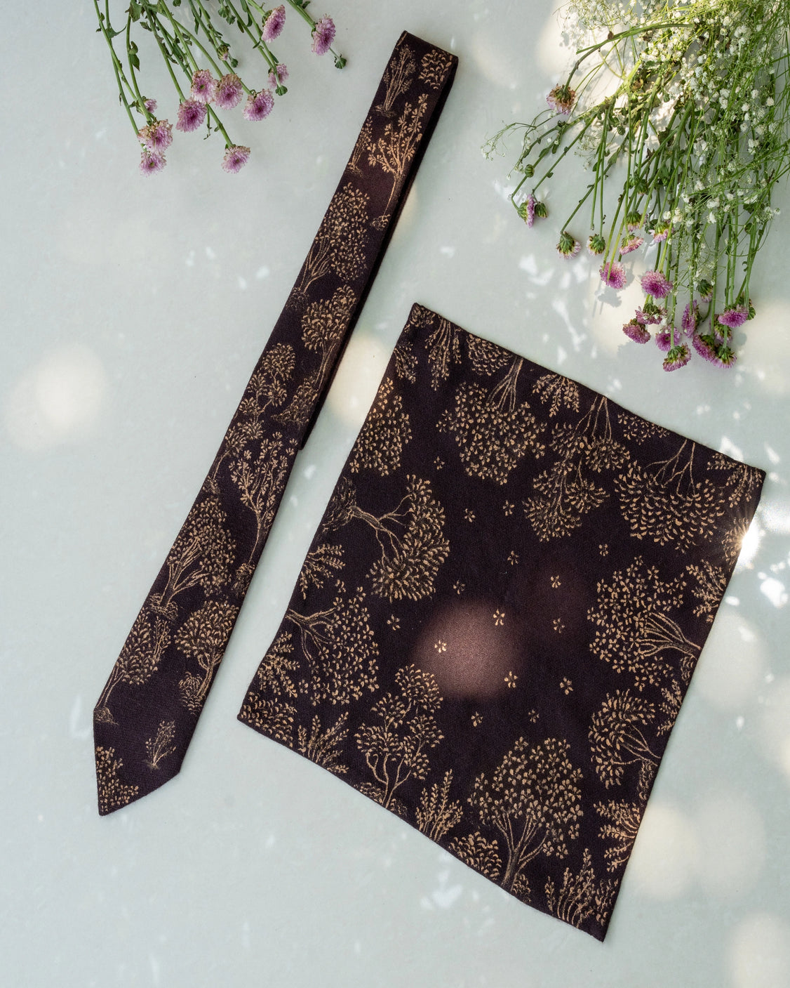 Brown Pure Pashmina Handpainted Tie & Pocket Square Set