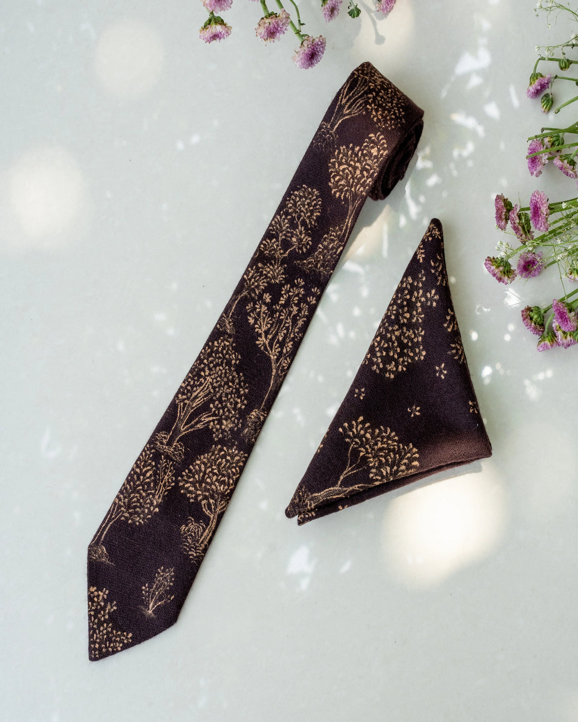 Brown Pure Pashmina Handpainted Tie & Pocket Square Set