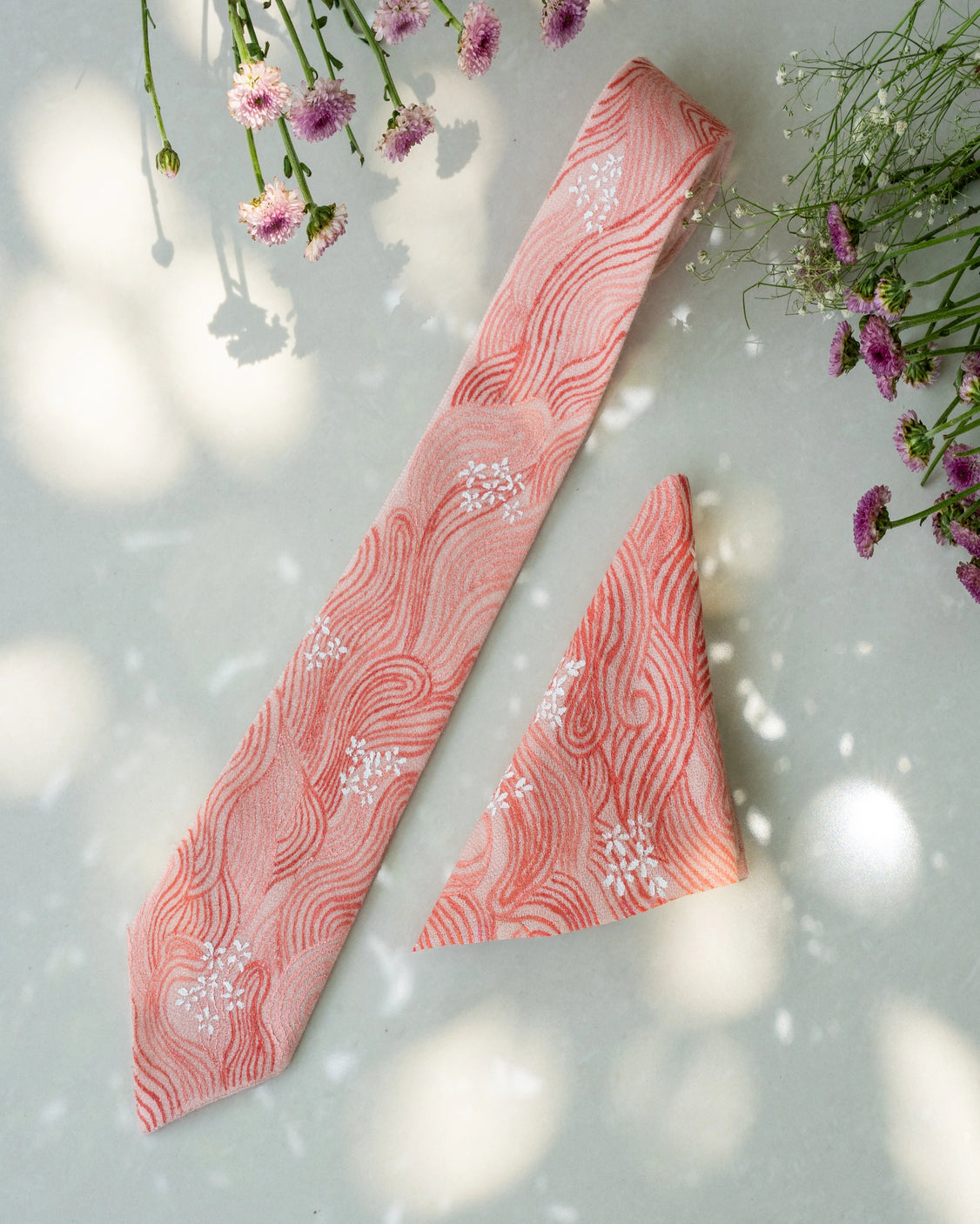 Pink Handpainted Pure Pashmina Tie & Pocket Square Set