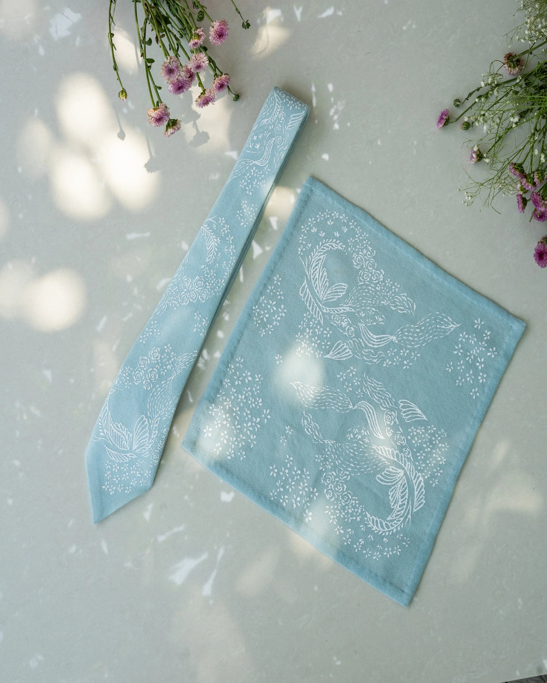 Sky Blue Pure Pashmina Handpainted Tie & Pocket Square Set