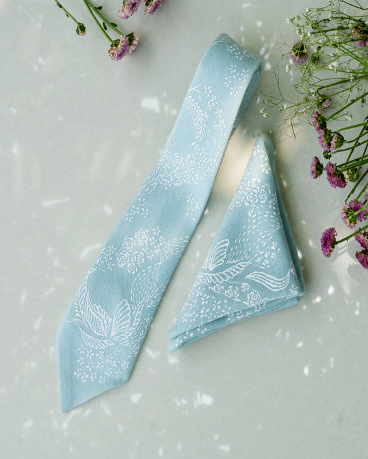 Powder Blue Hand-Painted Pure Pashmina Tie & Pocket Square Set