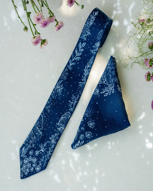 Midnight Blue Hand-Painted Pure Pashmina Tie & Pocket Square Set