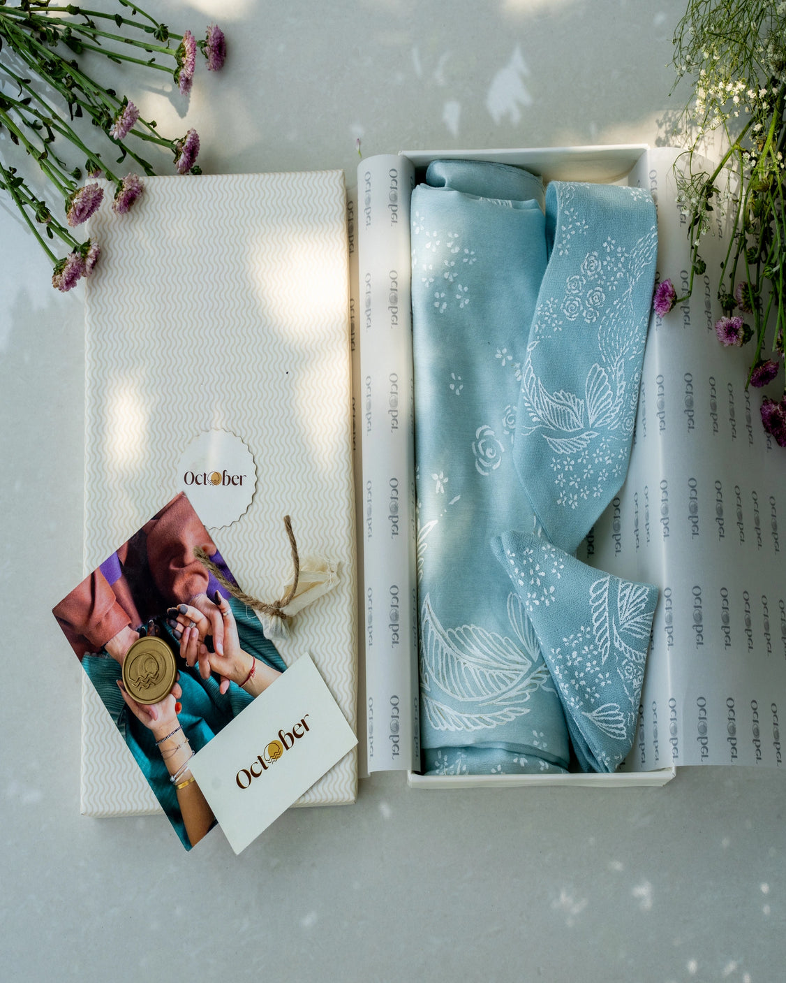Powder Blue Hand-Painted Chanderi Silk Scarf & Pure Pashmina Tie & Pocket Square Gift Set