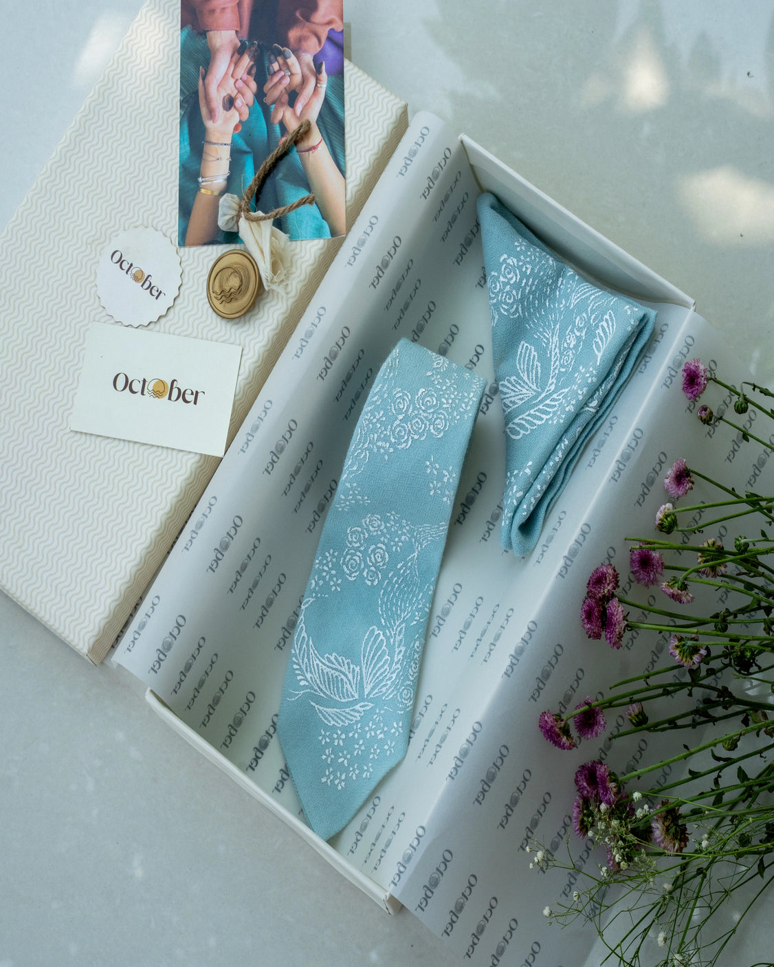 Sky Blue Pure Pashmina Handpainted Tie & Pocket Square Set