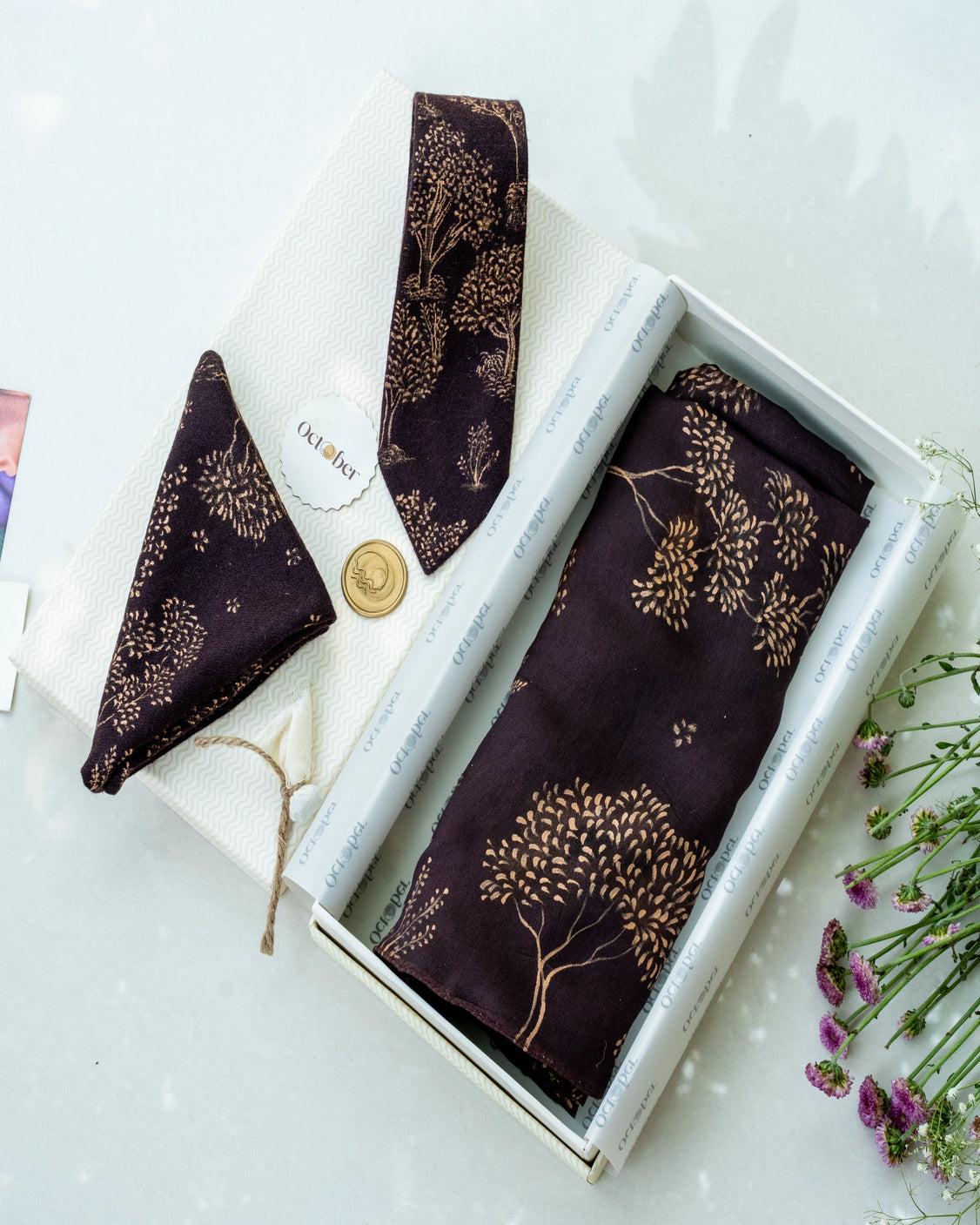 Brown Hand-Painted Chanderi Silk Scarf & Pure Pashmina Tie & Pocket Square Gift Set
