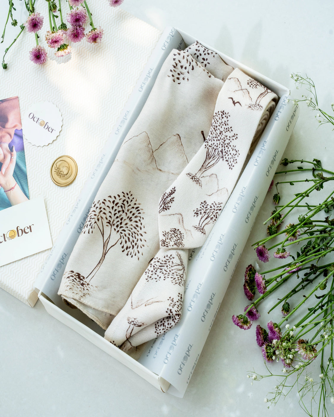 Ivory Hand-Painted Chanderi Silk Scarf & Pure Pashmina Tie & Pocket Square Gift Set
