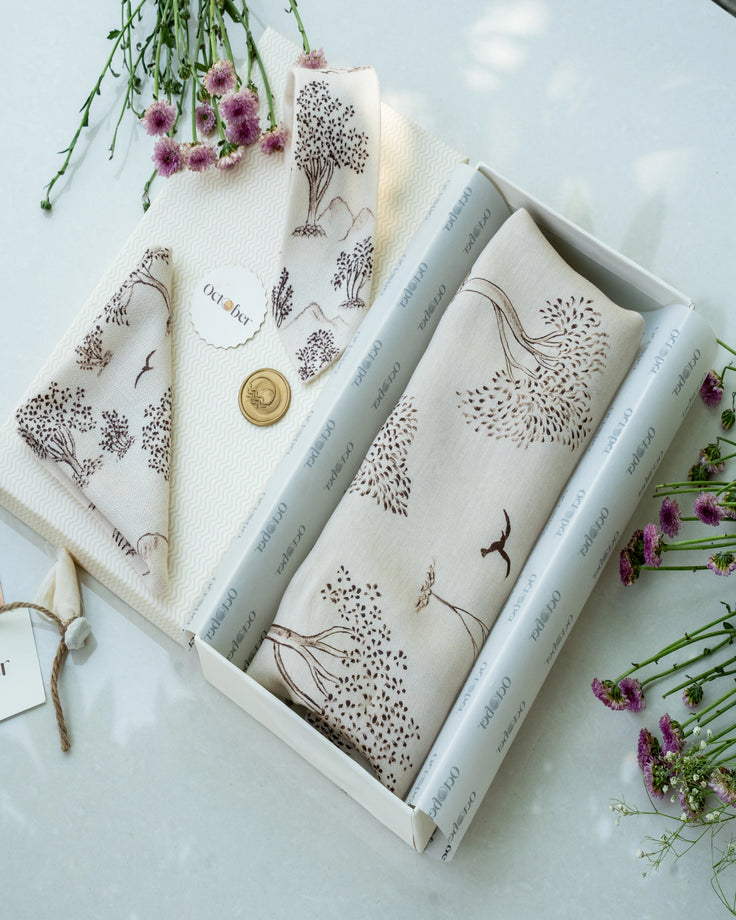 Ivory Hand-Painted Chanderi Silk Scarf & Pure Pashmina Tie & Pocket Square Gift Set