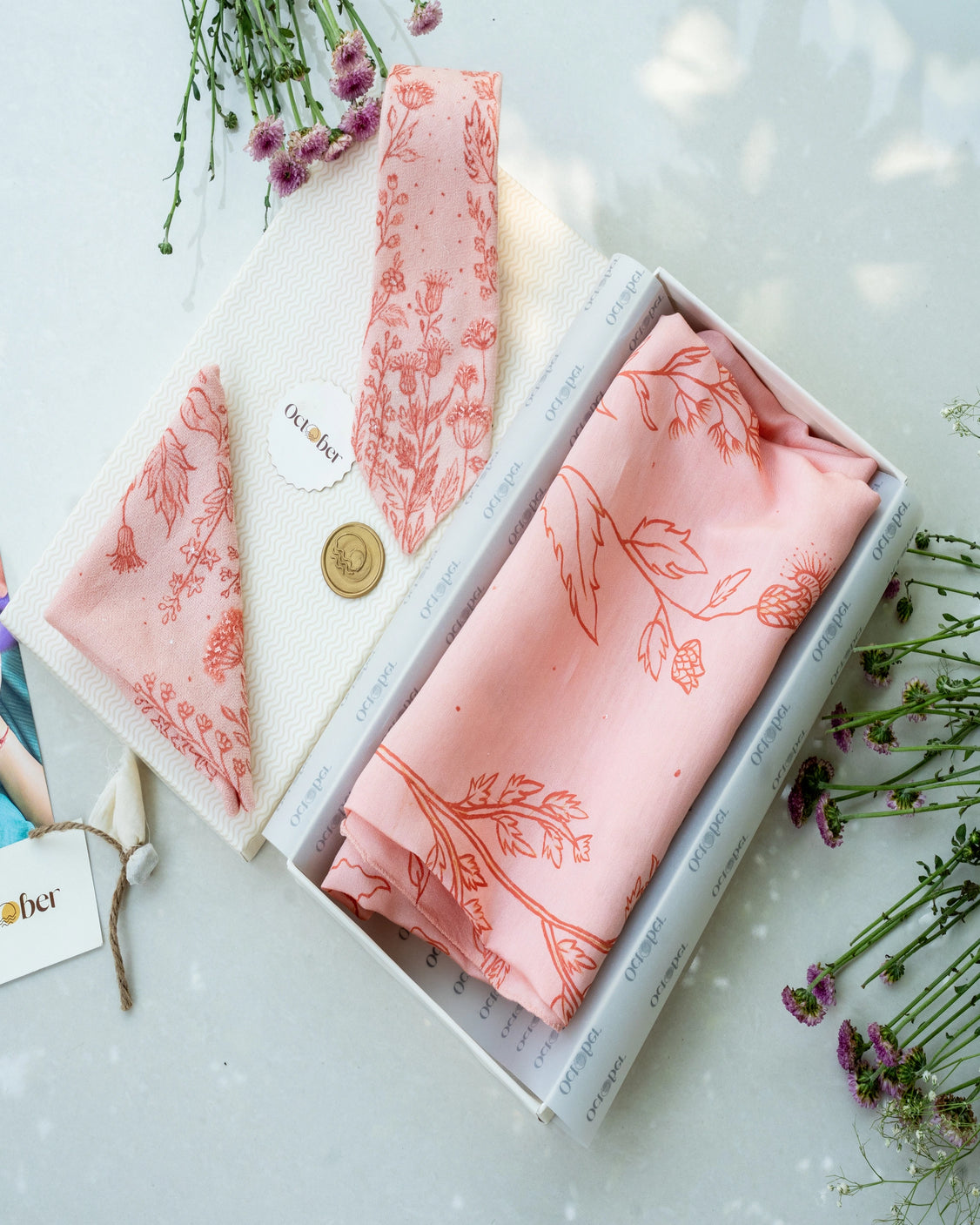 Peach Hand-Painted Chanderi Silk Scarf & Pure Pashmina Tie & Pocket Square Gift Set