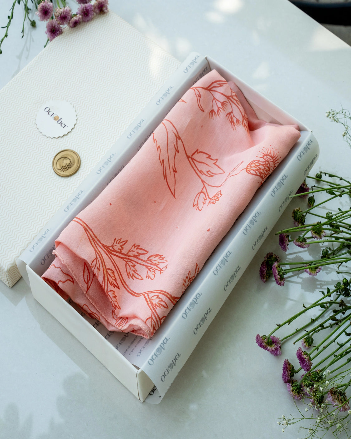 Peach Hand-Painted Chanderi Silk Scarf