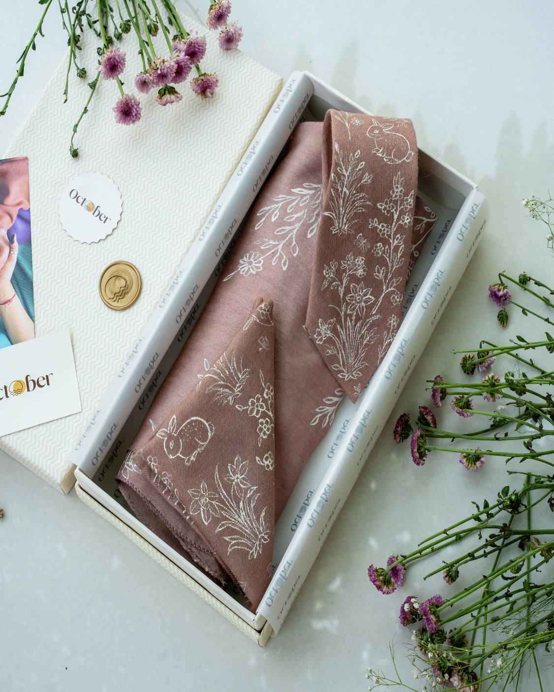 Dusty Rose Hand-Painted Chanderi Silk Scarf & Pure Pashmina Tie & Pocket Square Gift Set