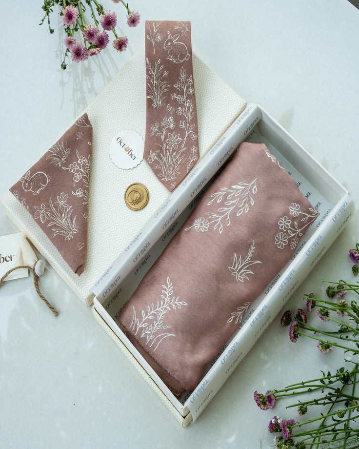 Dusty Rose Hand-Painted Chanderi Silk Scarf & Pure Pashmina Tie & Pocket Square Gift Set