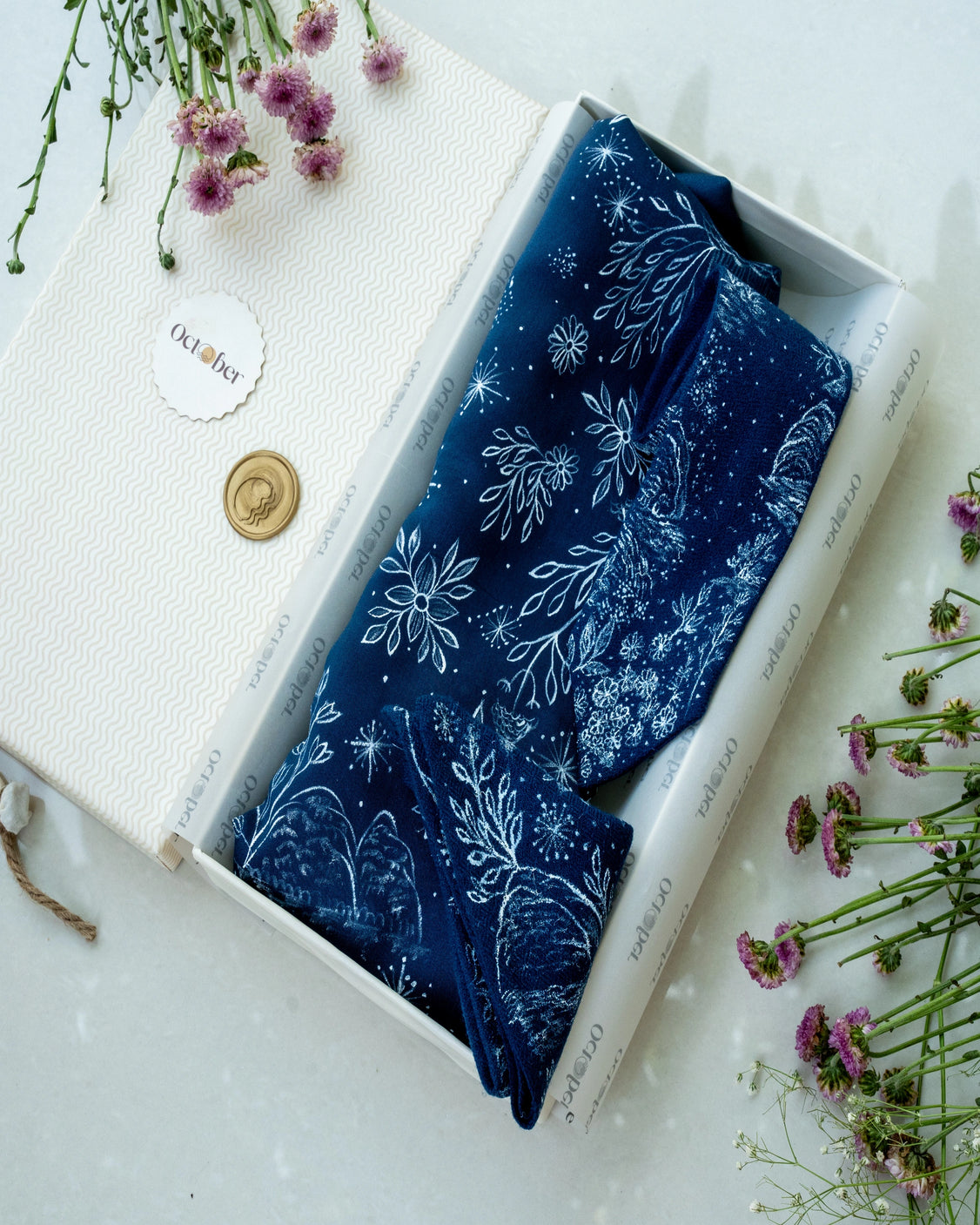 Blue Hand-Painted Chanderi Silk Scarf & Pure Pashmina Tie & Pocket Square Gift Set