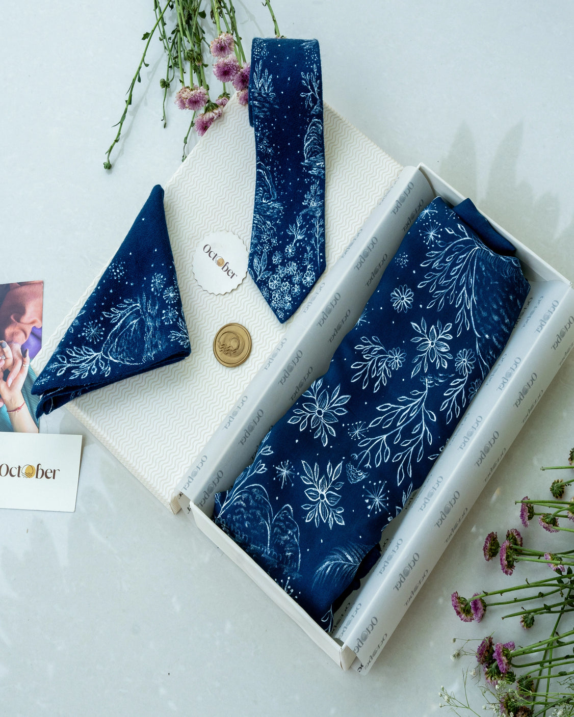 Blue Hand-Painted Chanderi Silk Scarf & Pure Pashmina Tie & Pocket Square Gift Set