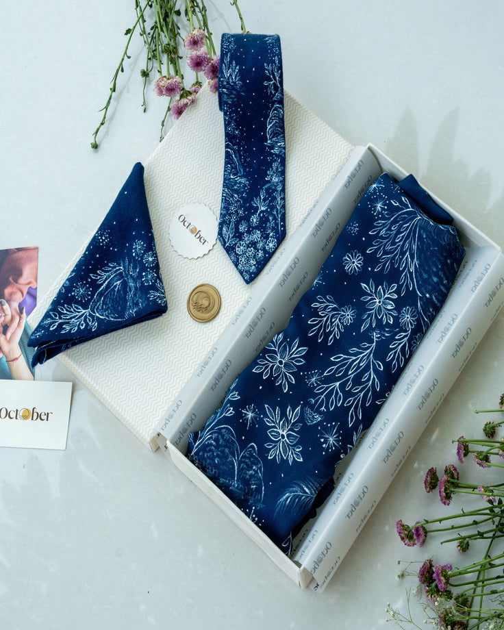 Blue Hand-Painted Chanderi Silk Scarf & Pure Pashmina Tie & Pocket Square Gift Set