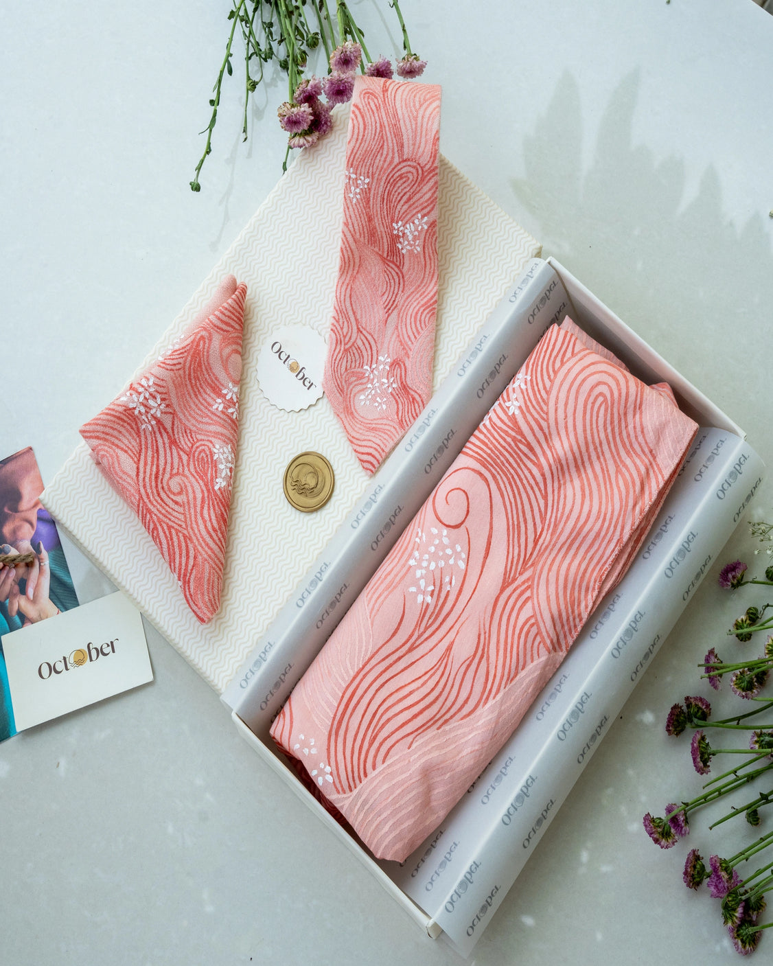 Blush Pink Hand-Painted Chanderi Silk Scarf & Pure Pashmina Tie & Pocket Square Gift Set