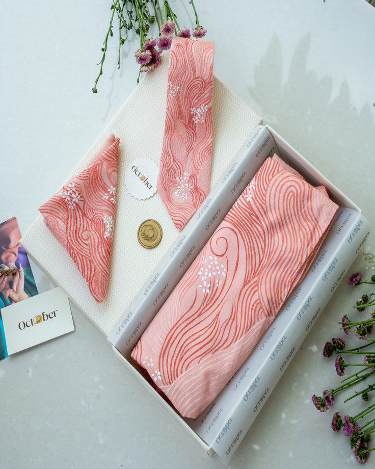 Blush Pink Hand-Painted Chanderi Silk Scarf & Pure Pashmina Tie & Pocket Square Gift Set