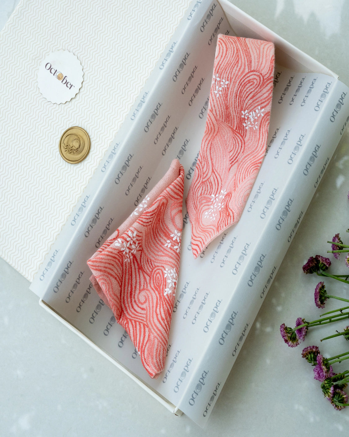 Pink Handpainted Pure Pashmina Tie & Pocket Square Set