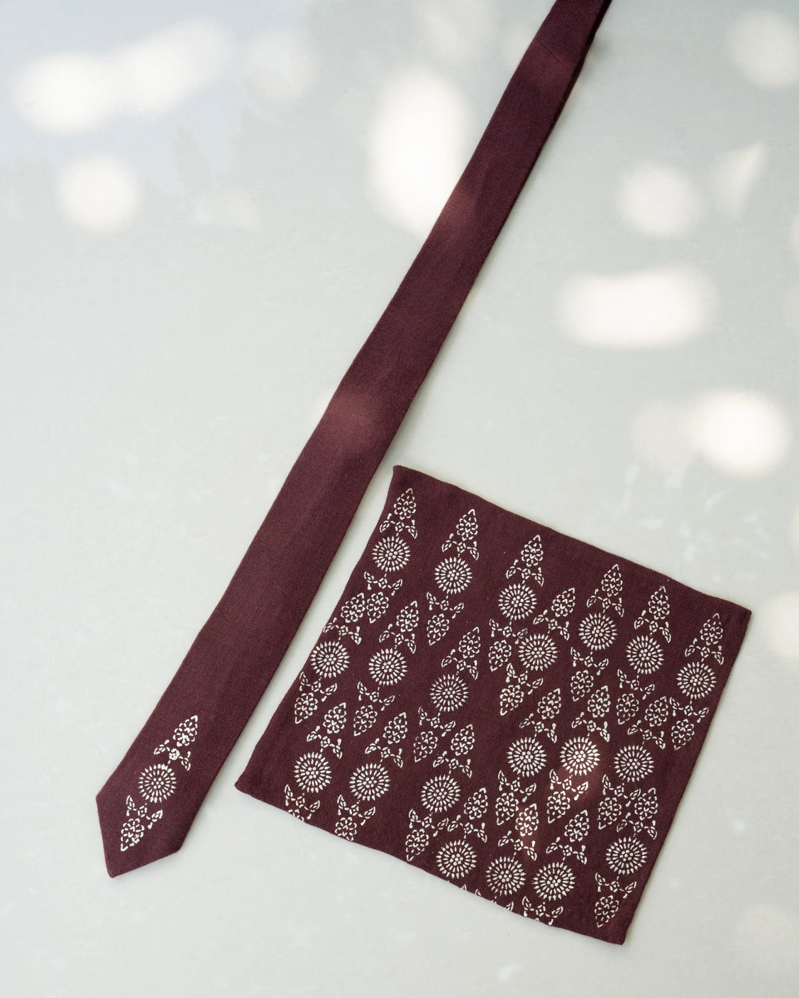 Brown Pure Pashmina Silver Printed Tie & pocket Square Set