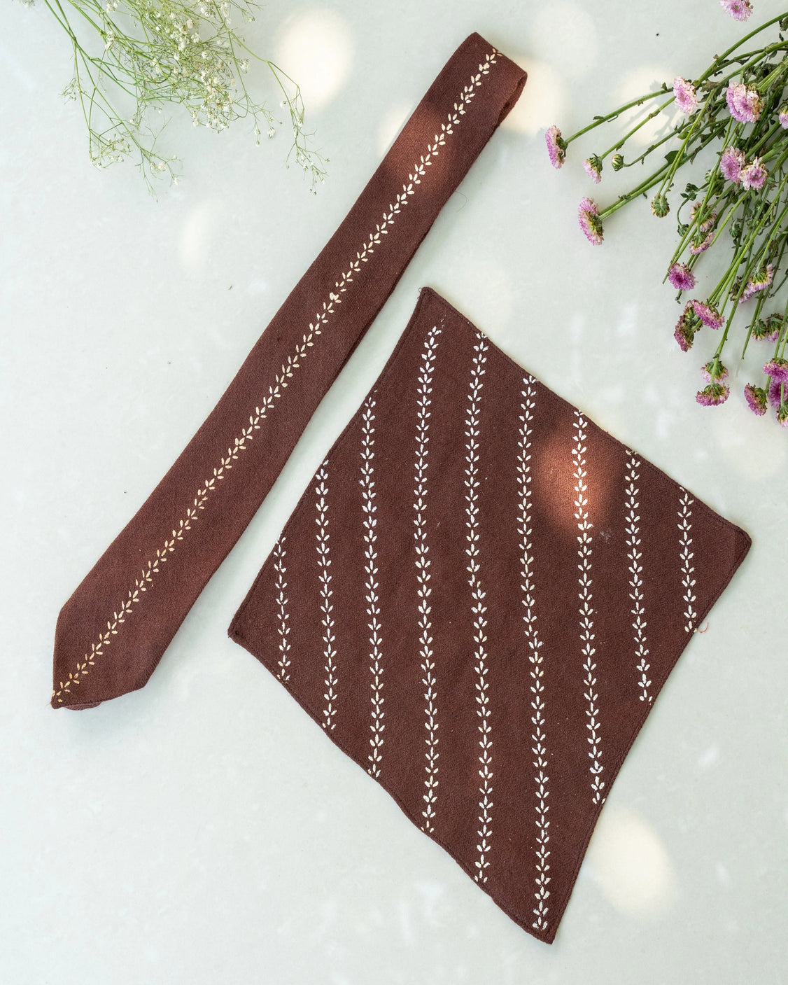 Brown Silver Printed Pure Pashmina Tie & Pocket Square Set