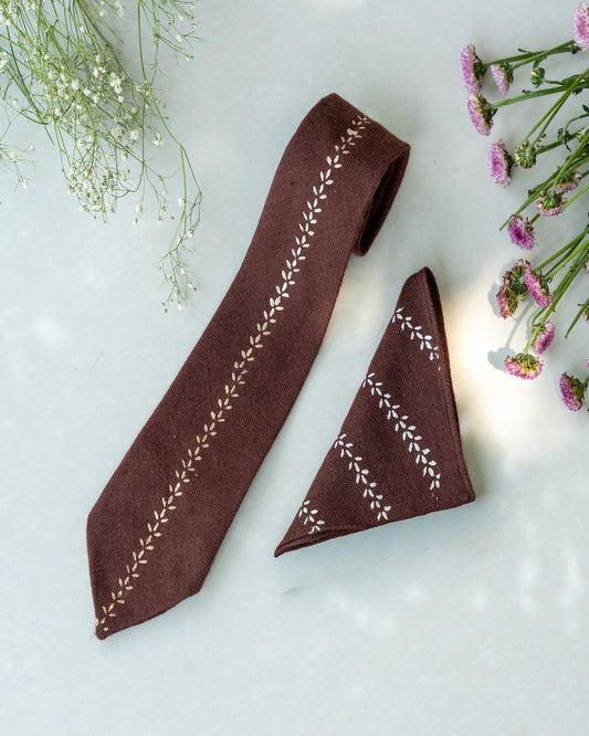 Brown Silver Printed Pure Pashmina Tie & Pocket Square Set