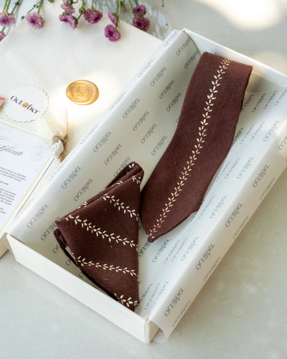 Brown Silver Printed Pure Pashmina Tie & Pocket Square Set
