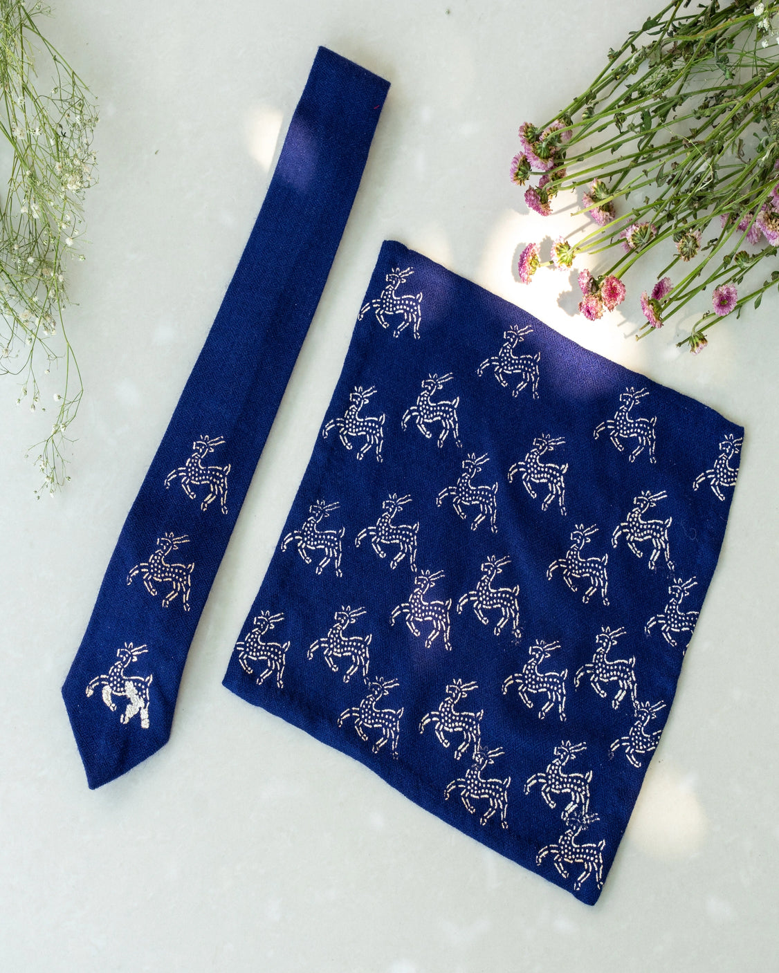 Navy Blue Pure Pashmina Silver Printed Tie & Pocket Square Set