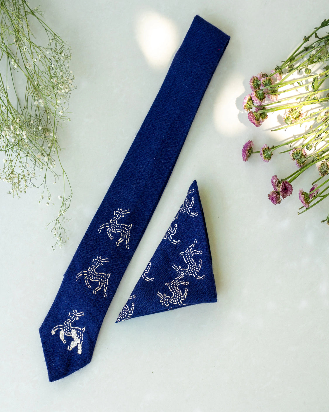 Navy Blue Pure Pashmina Silver Printed Tie & Pocket Square Set