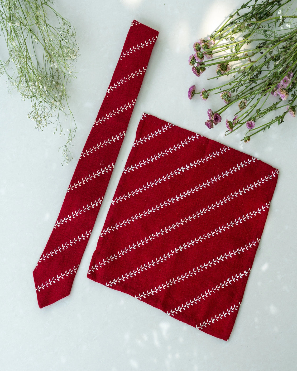Maroon Pure Pashmina Silver Printed Tie & pocket Square Set