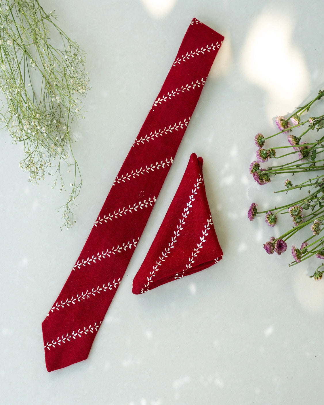 Maroon Pure Pashmina Silver Printed Tie & pocket Square Set