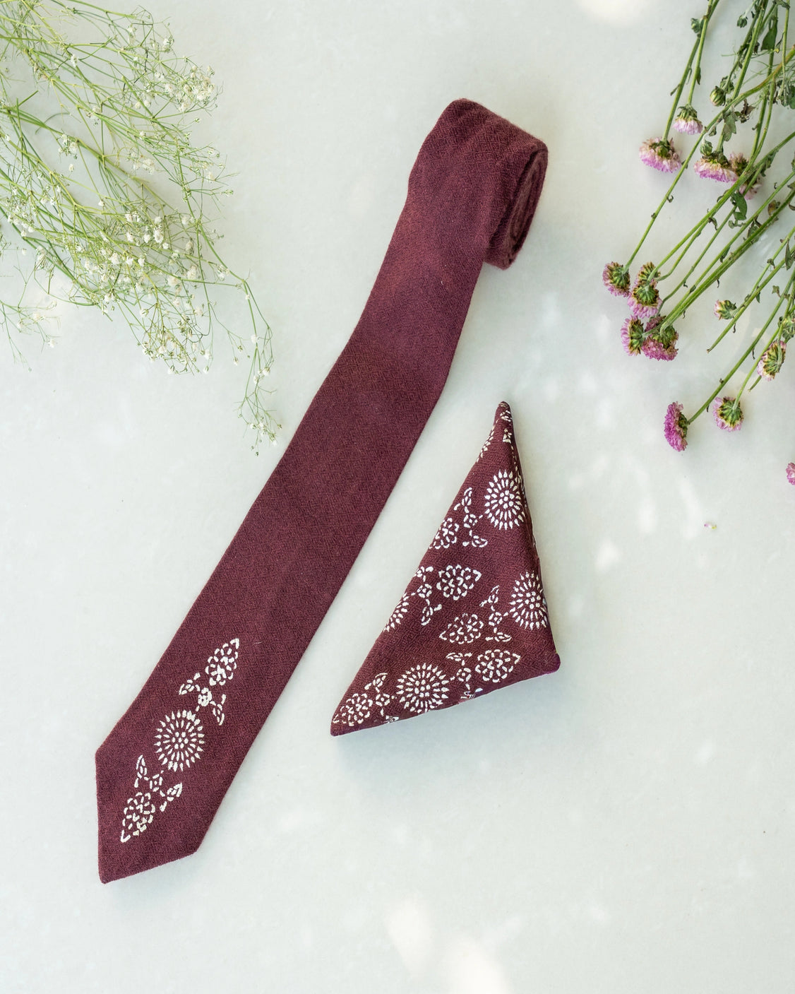 Brown Pure Pashmina Silver Printed Tie & pocket Square Set