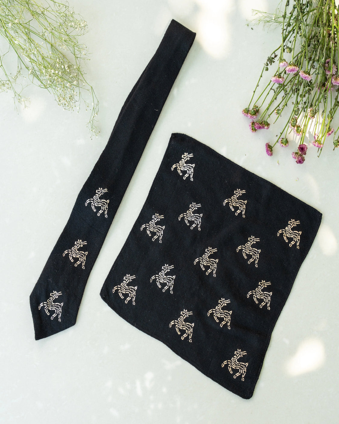 Black Silver Printed Pure Pashmina Tie & pocket Square Set