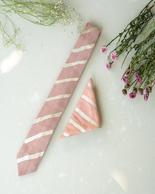 Peach Pure Pashmina Silver Printed Tie & Pocket Square Set
