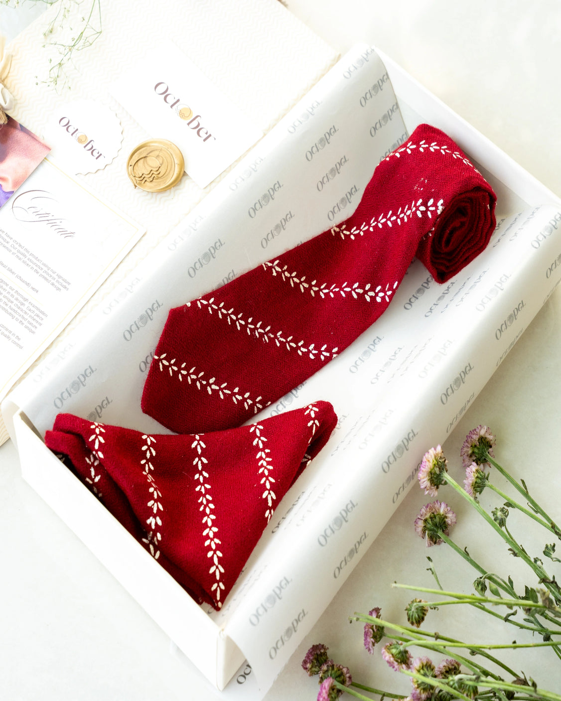 Maroon Pure Pashmina Silver Printed Tie & pocket Square Set