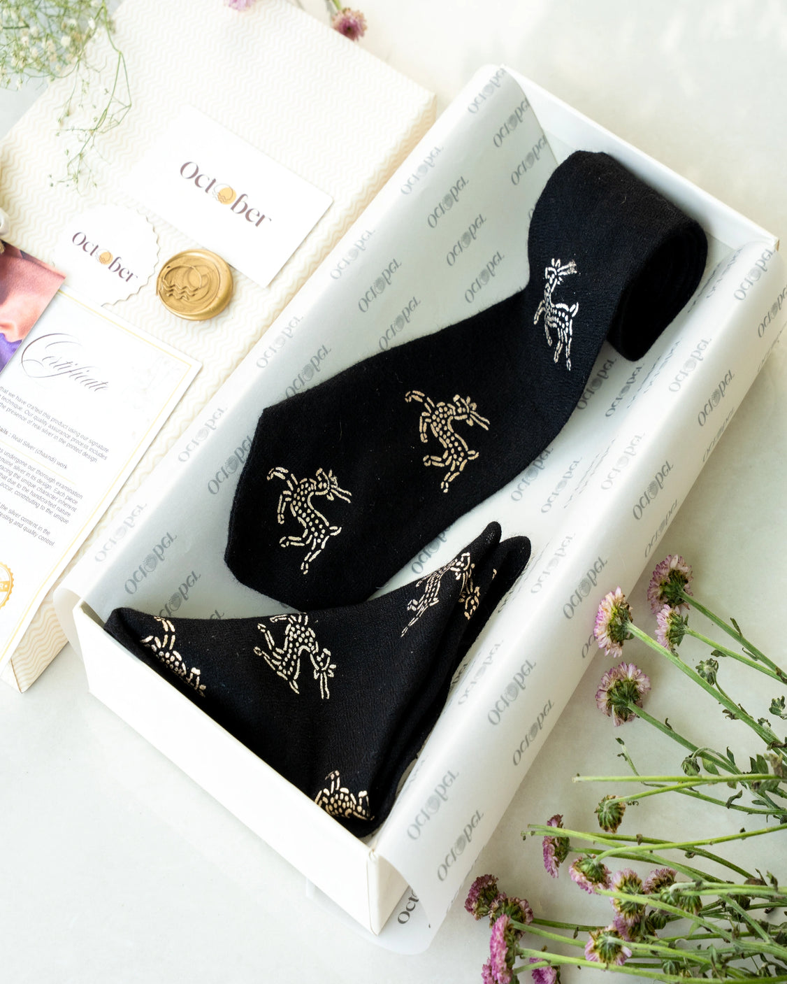 Black Silver Printed Pure Pashmina Tie & pocket Square Set