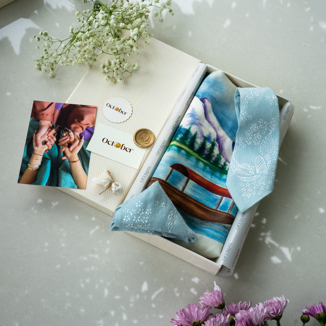 Kashmir White Handpainted Fine Wool Scarf & Powder Blue Hand-Painted Pure Pashmina Tie & Pocket Square Set
