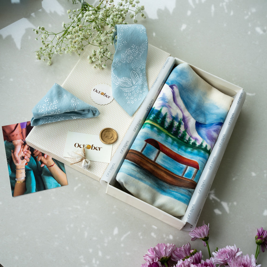 Kashmir White Handpainted Fine Wool Scarf & Powder Blue Hand-Painted Pure Pashmina Tie & Pocket Square Set