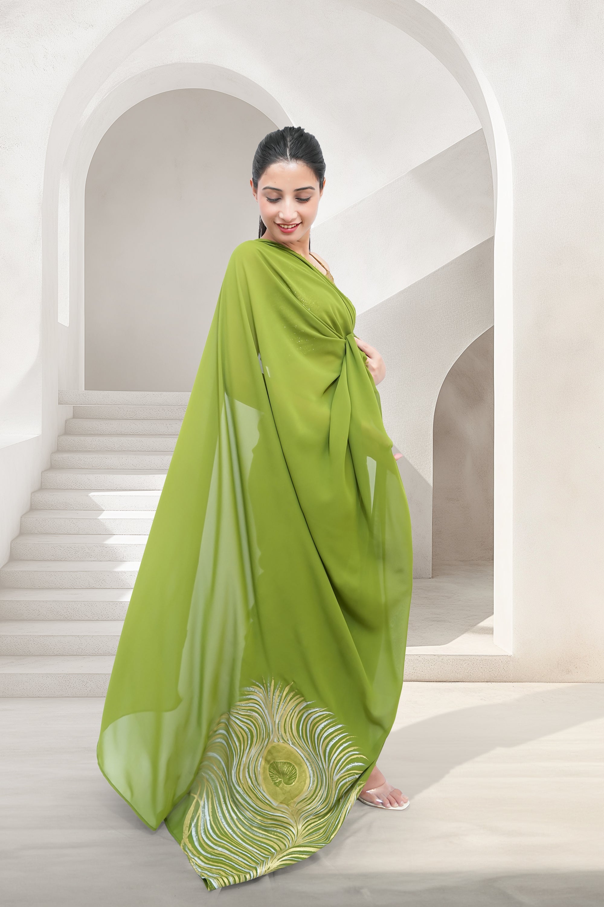 Green Georgette Hand-Painted Saree - Metallic Morpankh (October Summers)