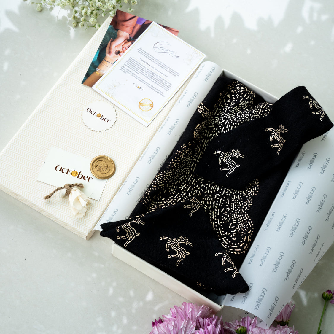 Black Real Silver Printed Pure Pashmina Scarf & Tie & Pocket Square Set