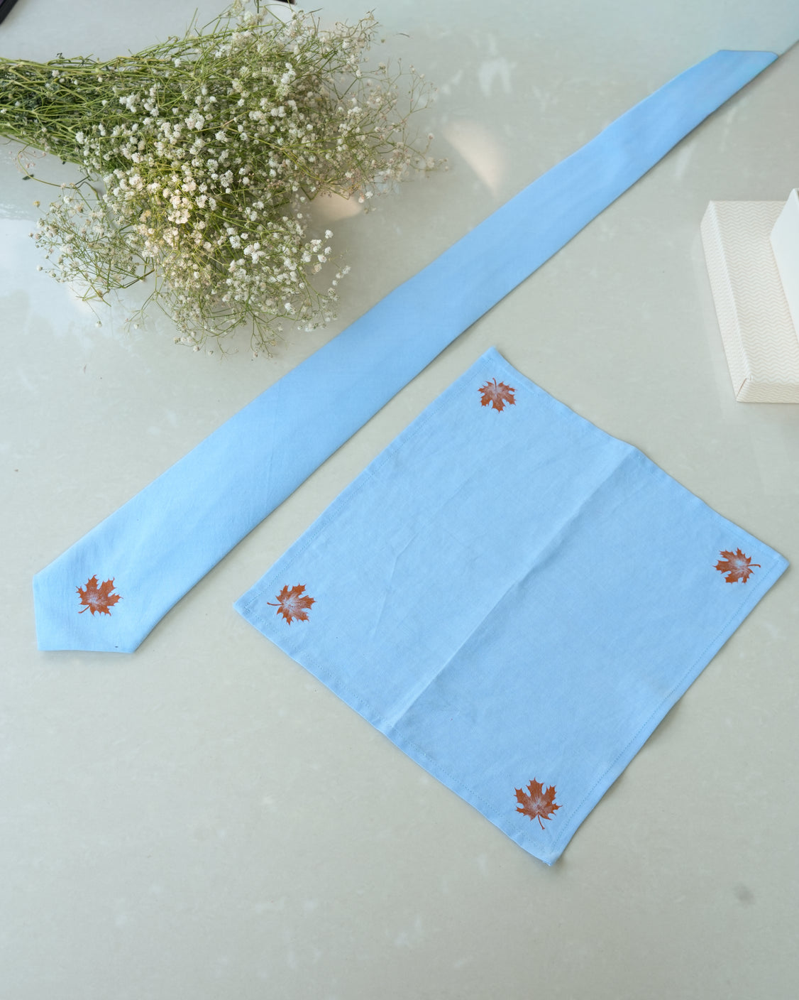 Sky Blue Hand-painted Cotton Pashmina Tie & Pocket Square Set