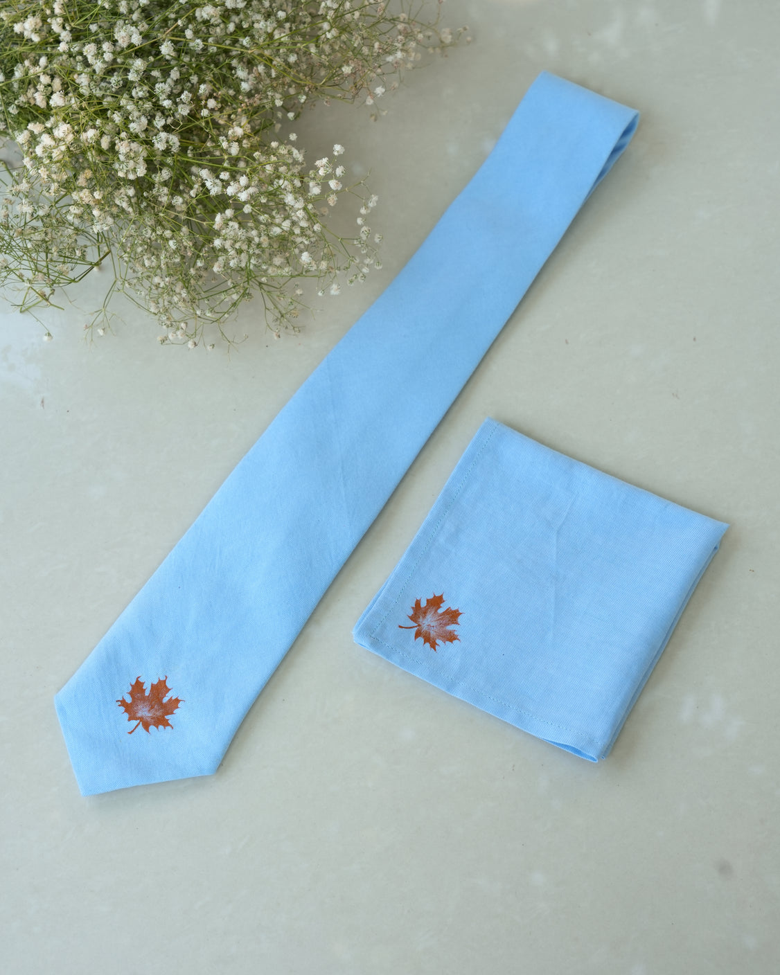 Sky Blue Hand-painted Cotton Pashmina Tie & Pocket Square Set