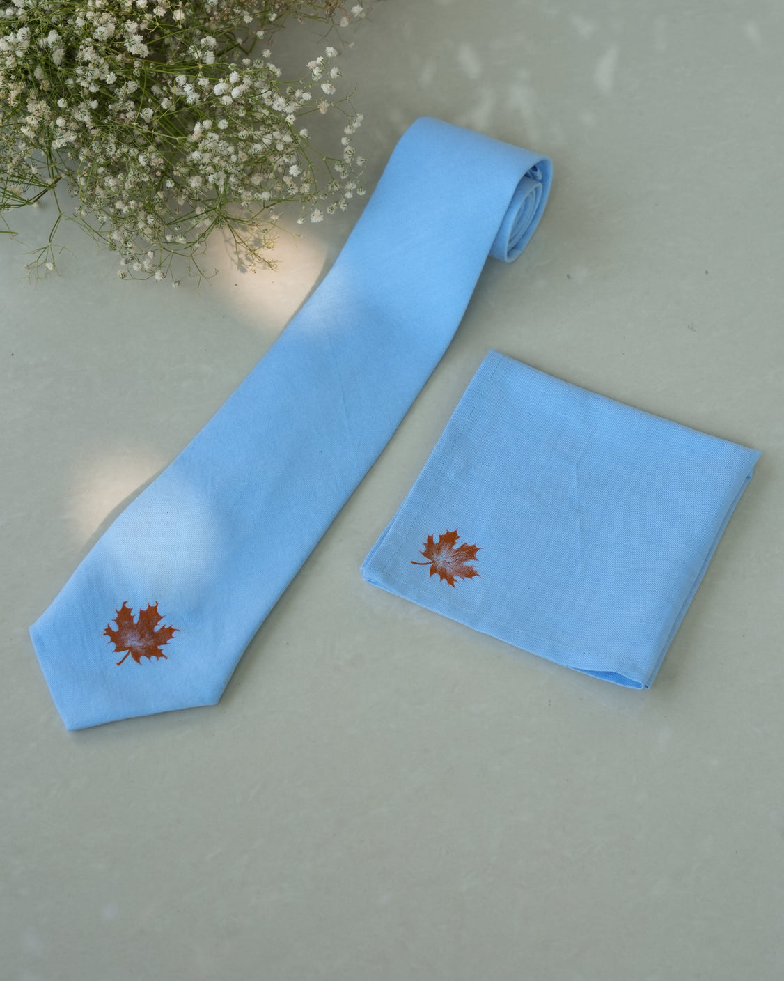 Sky Blue Hand-painted Cotton Pashmina Tie & Pocket Square Set