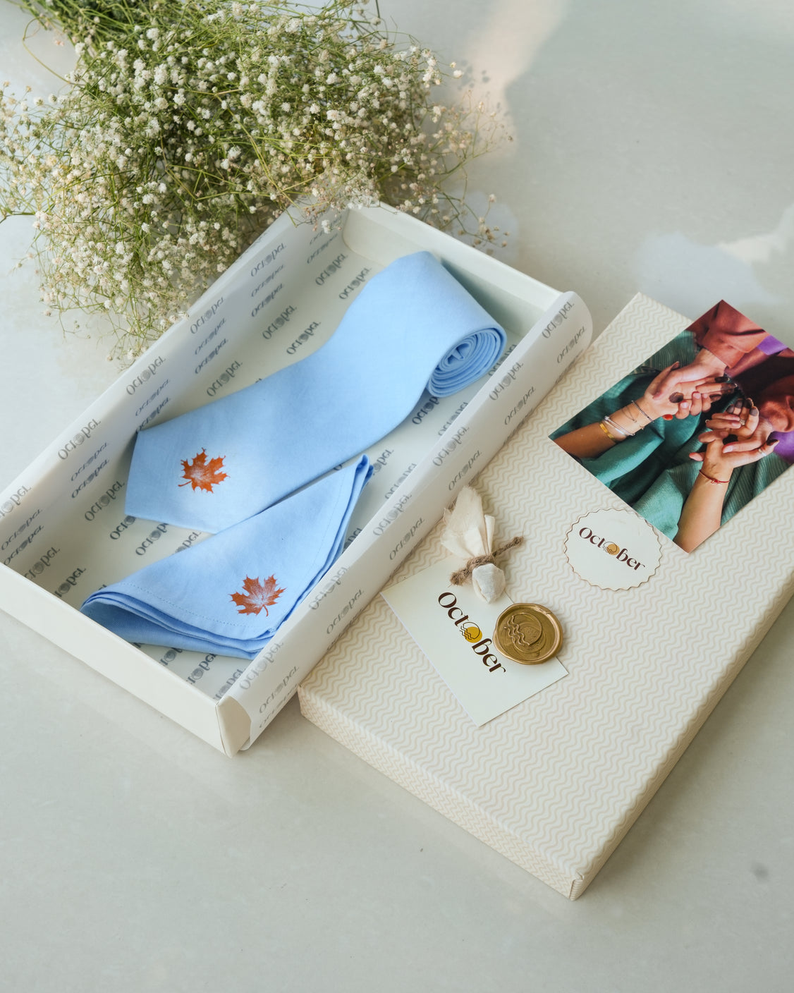 Sky Blue Hand-painted Cotton Pashmina Tie & Pocket Square Set
