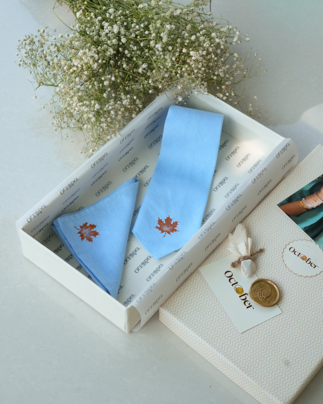Sky Blue Hand-painted Cotton Pashmina Tie & Pocket Square Set