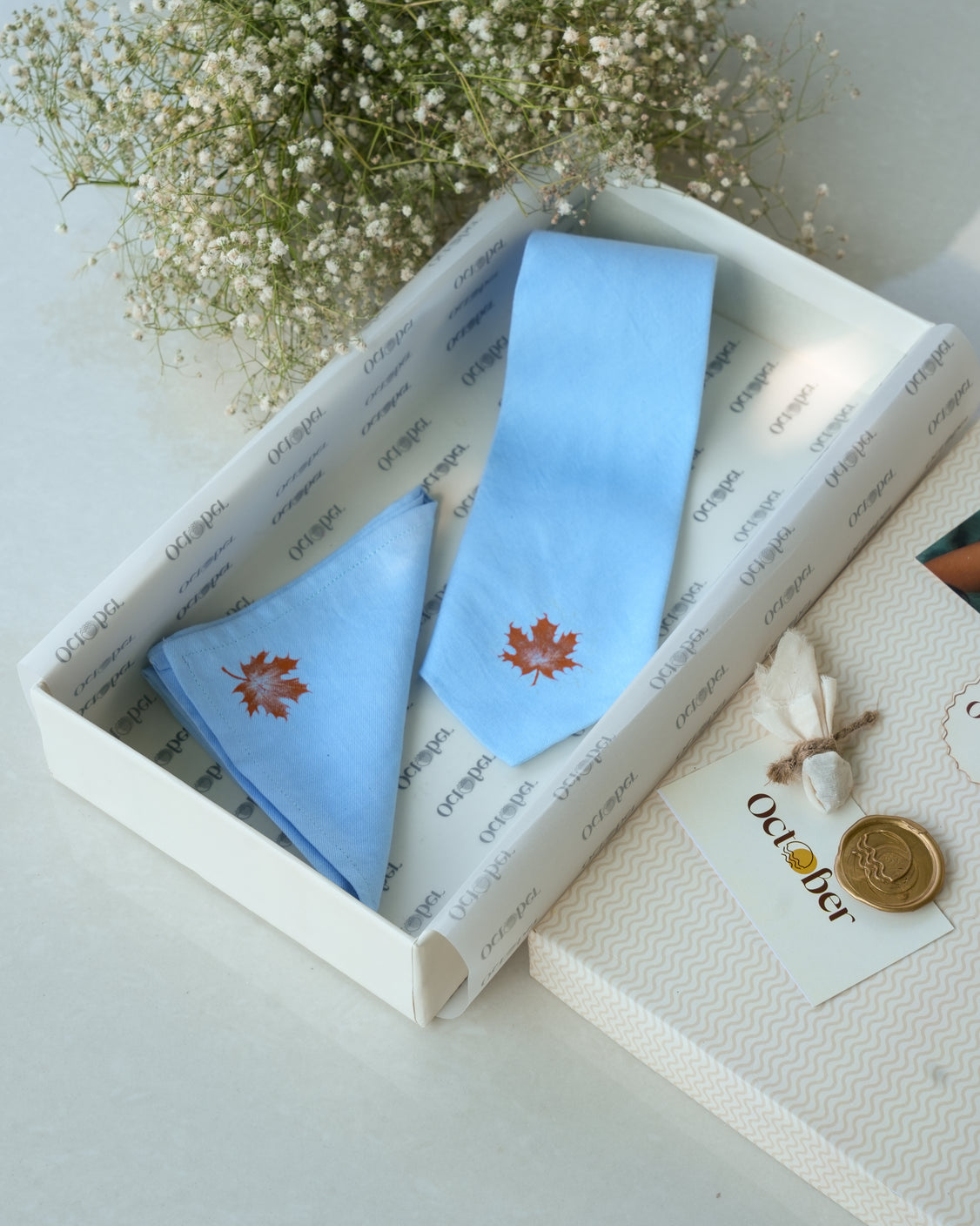 Sky Blue Hand-painted Cotton Pashmina Tie & Pocket Square Set
